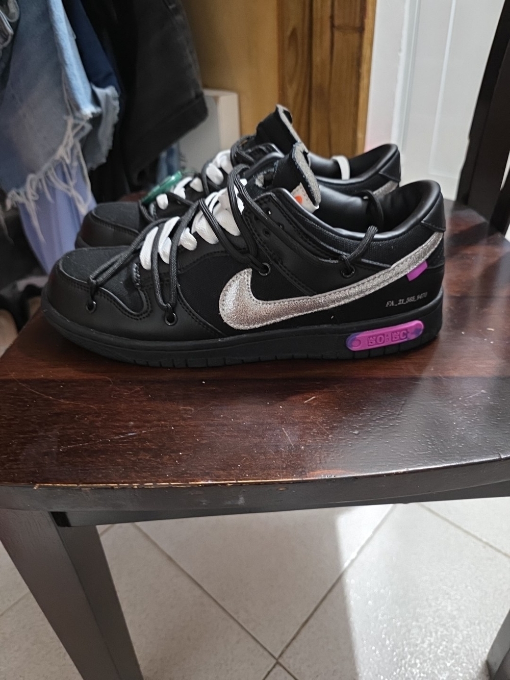 Off-White Men’s Black Sneakers with Silver Swoosh and Purple Accents